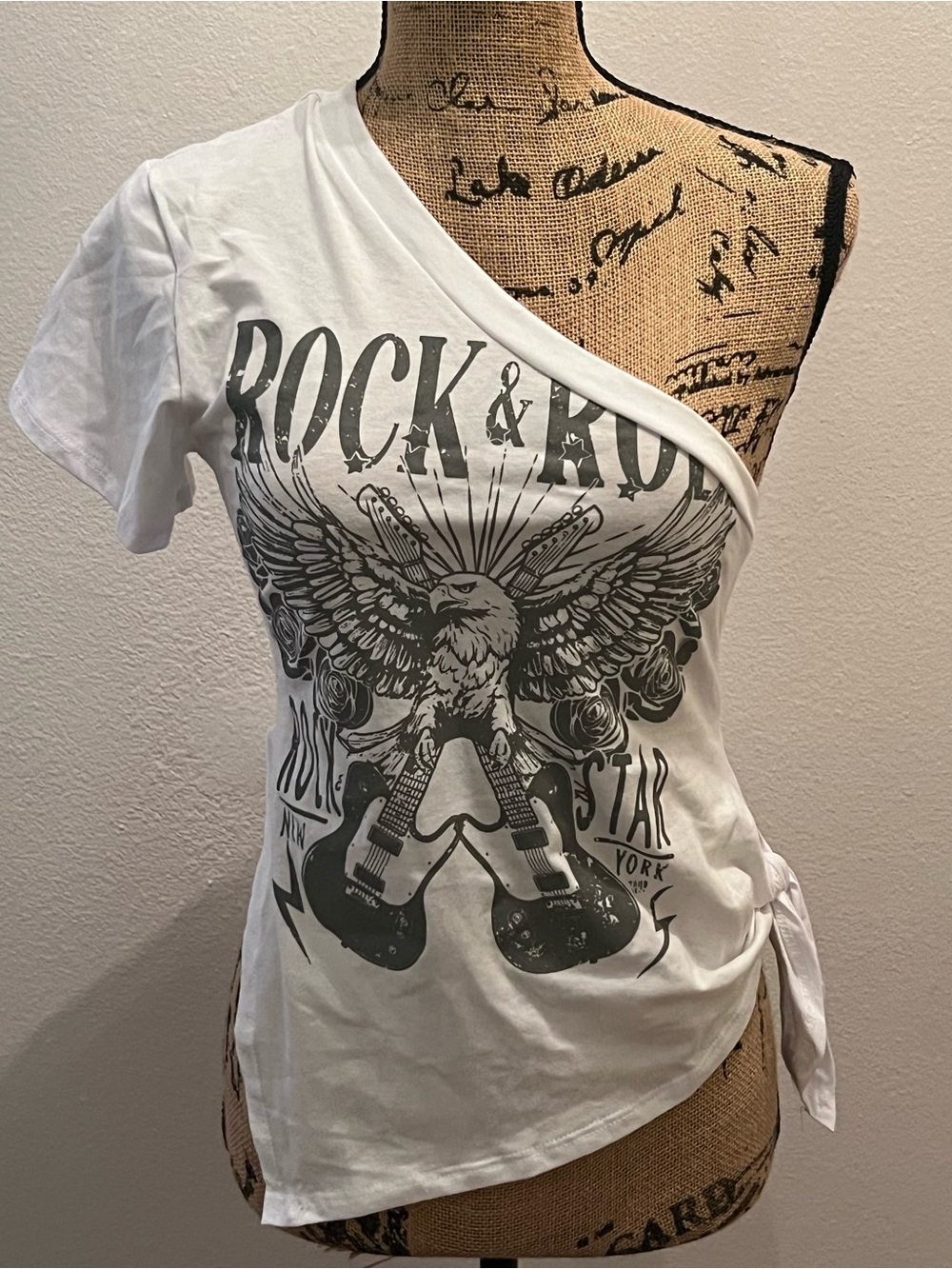 Fashion Nova White One-Shoulder Rock Graphic Tee